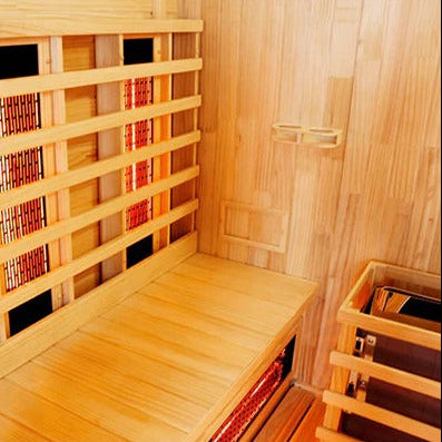 Wooden sauna interior with bench and lattice design