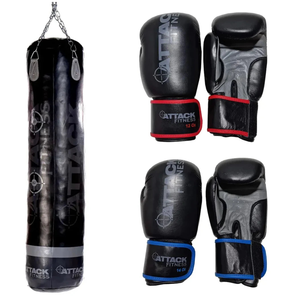 Attack Fitness Straight 5ft Leather Punch Bag With Two Pairs of Boxing Gloves - GymSphere