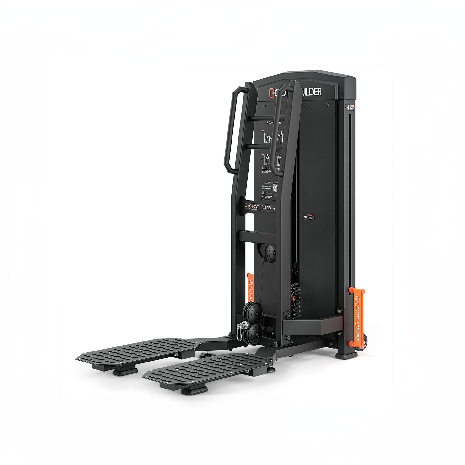 Black exercise machine with orange accents on a white background