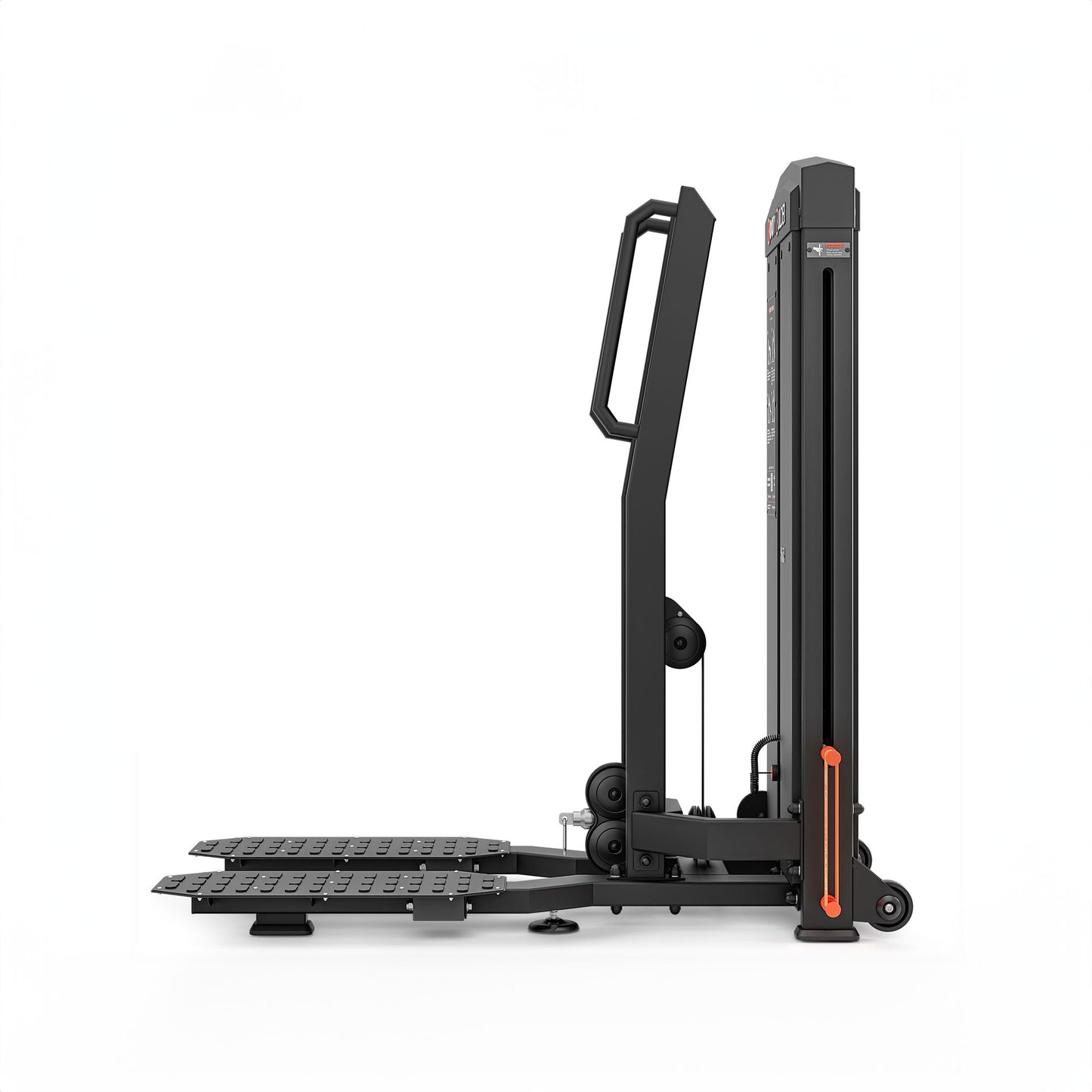 Black and orange piece of gym equipment on a white background