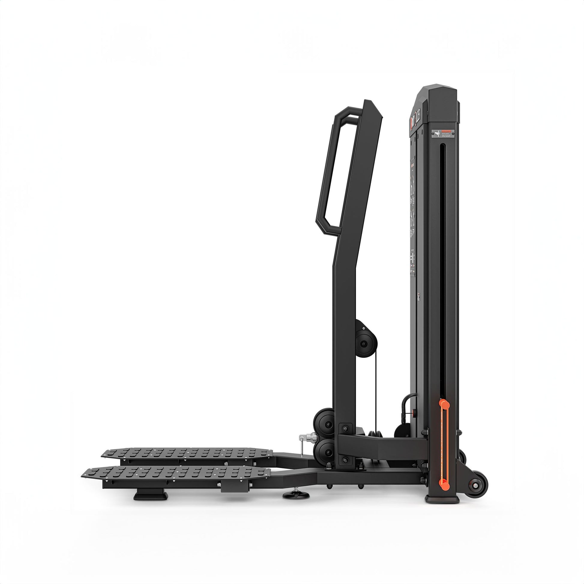 Black and orange piece of gym equipment on a white background