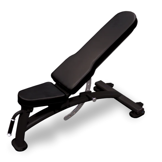 Black adjustable weight bench on a white background